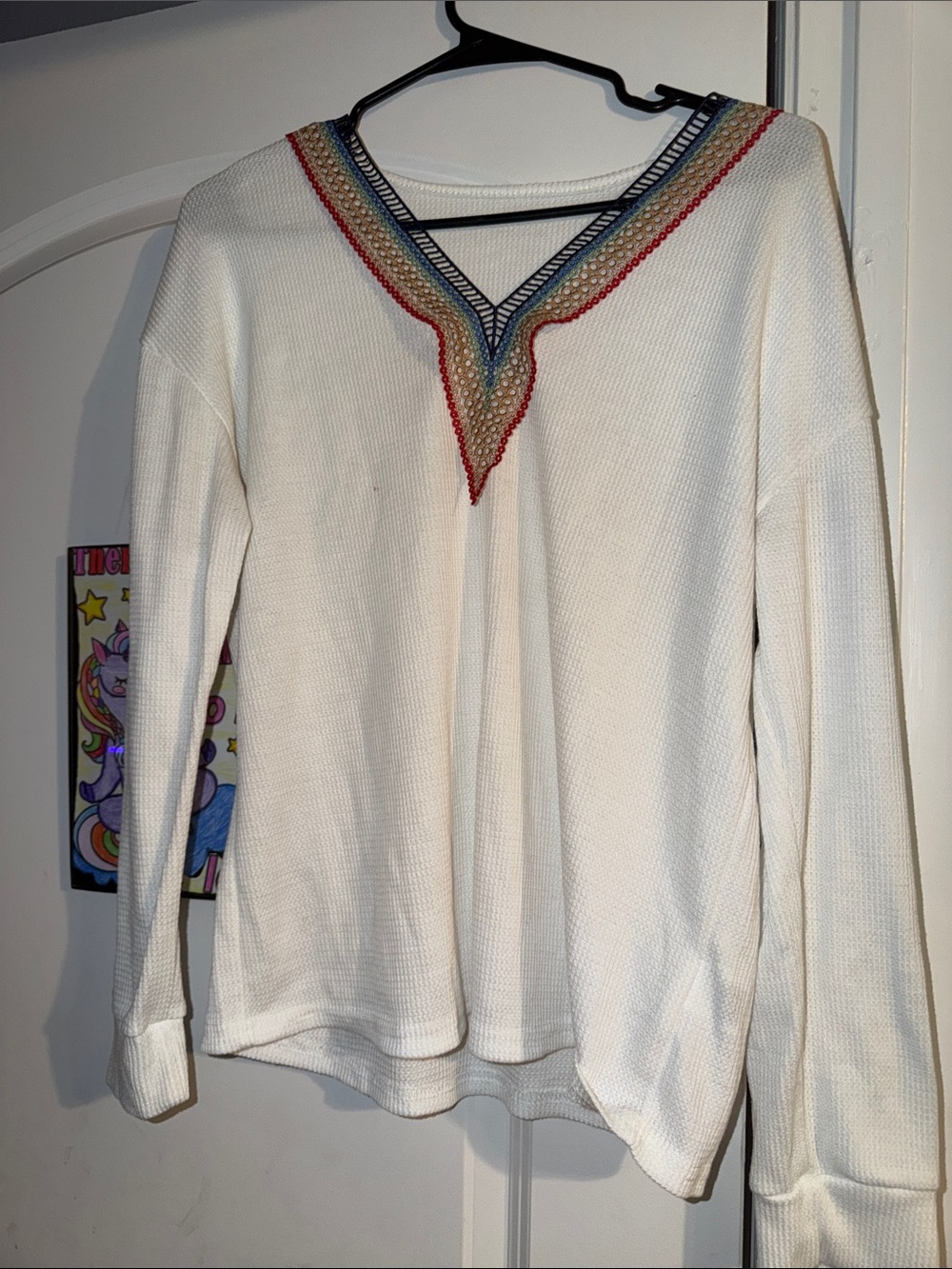 SHEIN Cream Waffle Knit V-Neck Sweater with Red, Blue & Gold Trim